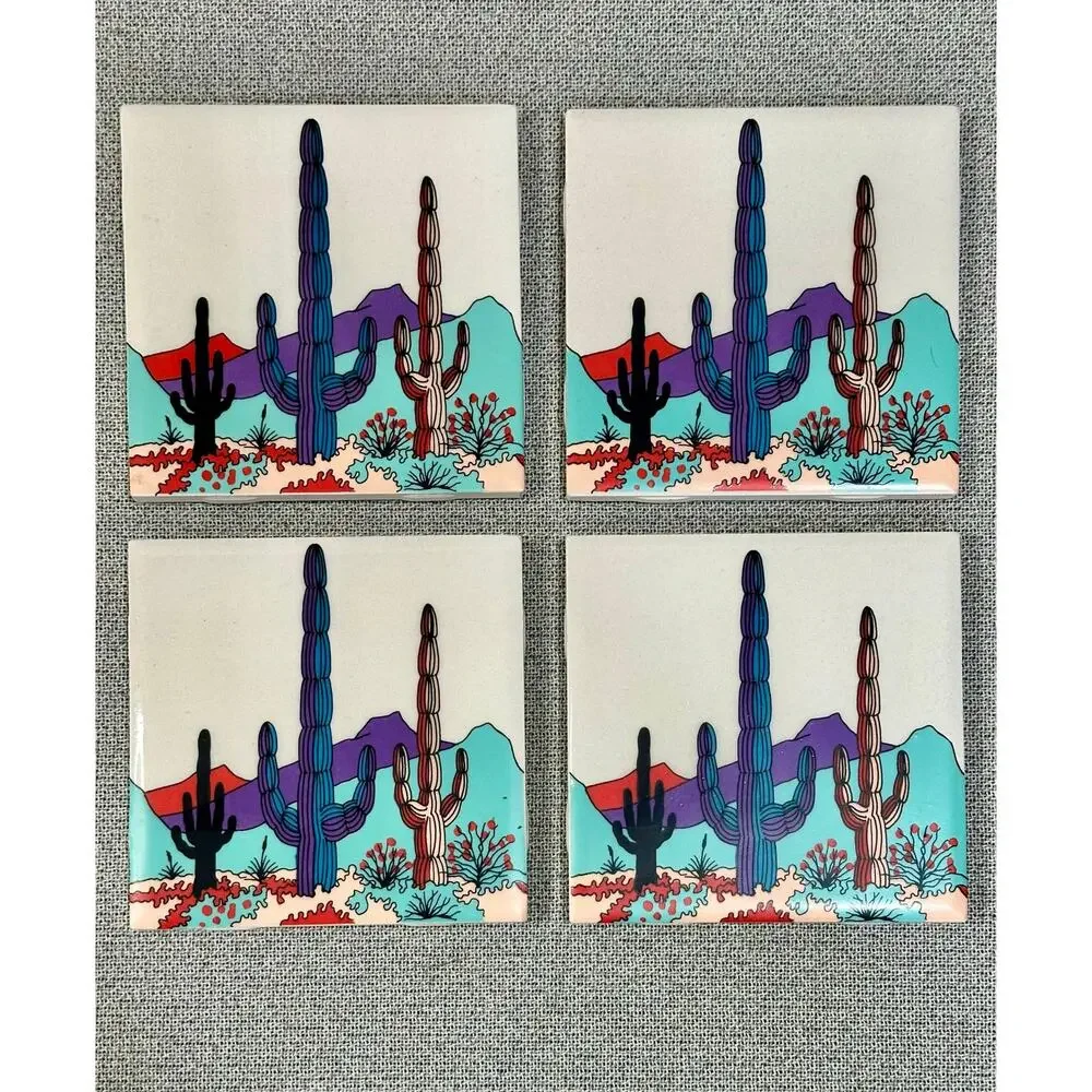 Set of 4 Colorful Desert Cactus Ceramic Tile Coaster Southwestern Boho Cork Back